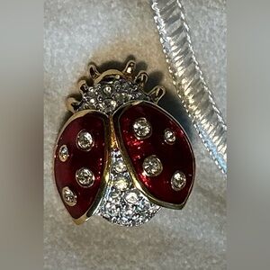 Estate Ladybug Brooch/Pin. Red Enamel w/Clear Swarovski Crystals & Gold Accents
